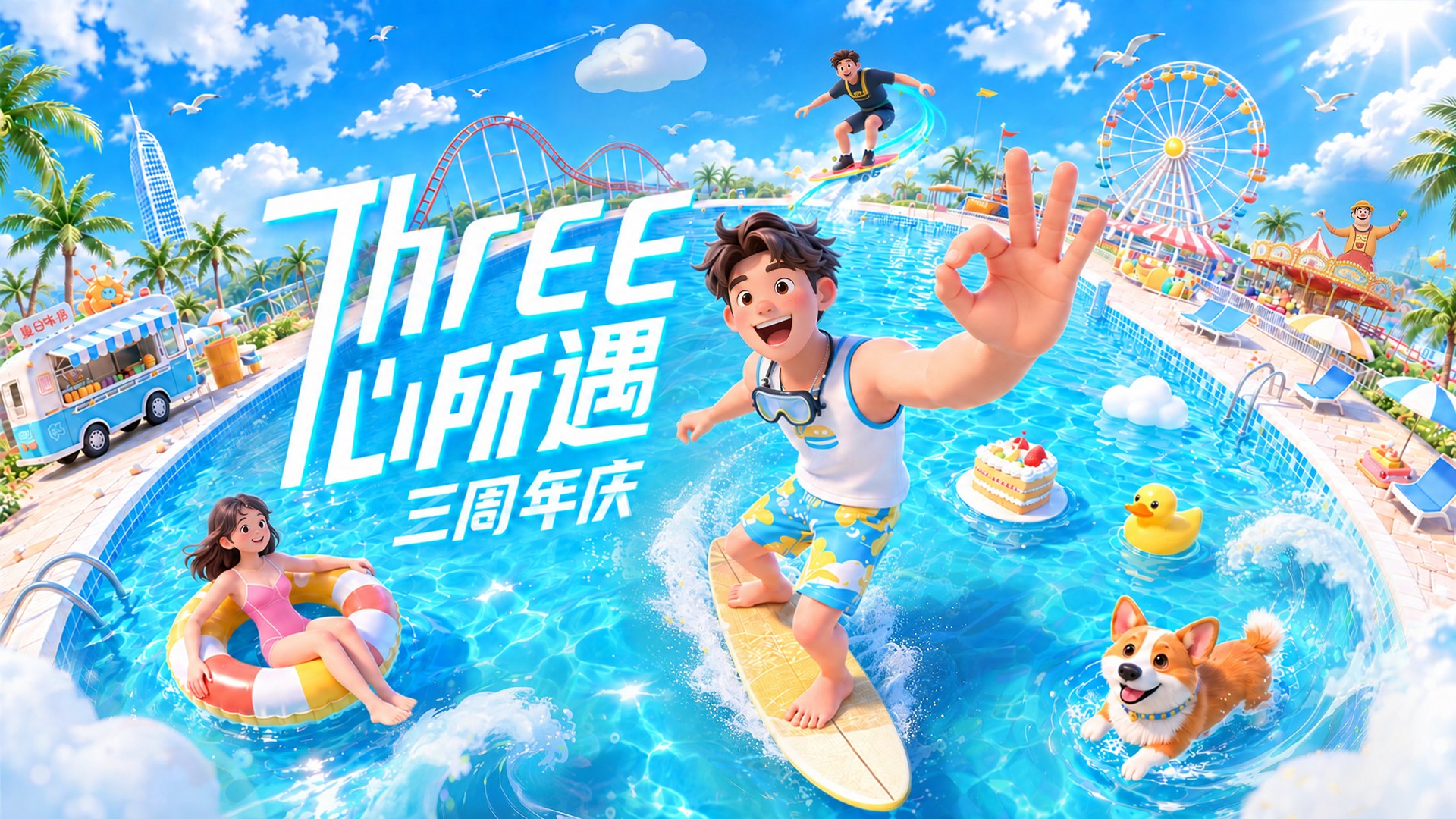 弘阳广场三周年庆主 KV「Three 心所遇」— 户外水上乐园夏日主题视觉